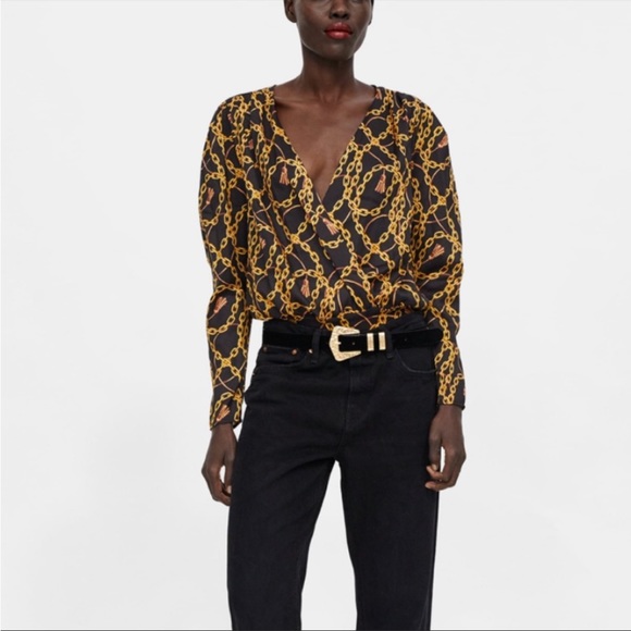 ZARA Woman Black Plunge Neckline Chain Print Bodysuit - Picture 3 of 8